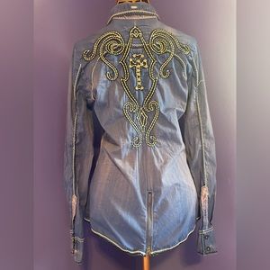Roar button down long sleeved, distressed royal blue w/ rhinestones. Size medium